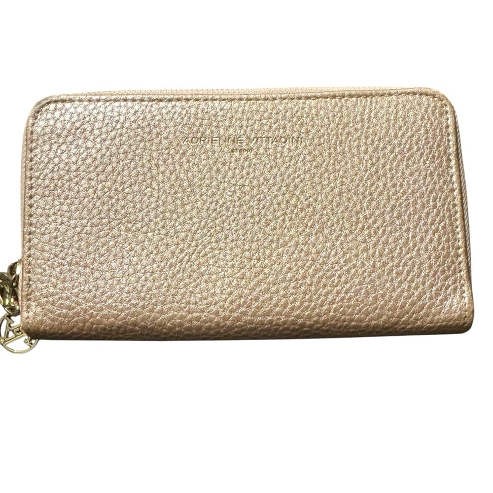 Adrienne Vittadini Pebble Leather Gold Wallet Double Compartment Zip Around Logo